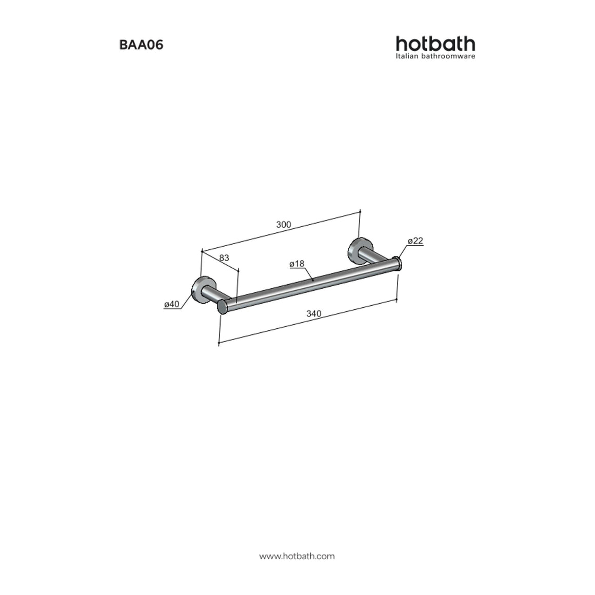Hotbath &More BAA06 handdoekstang 34 cm Living Colours technische tekening