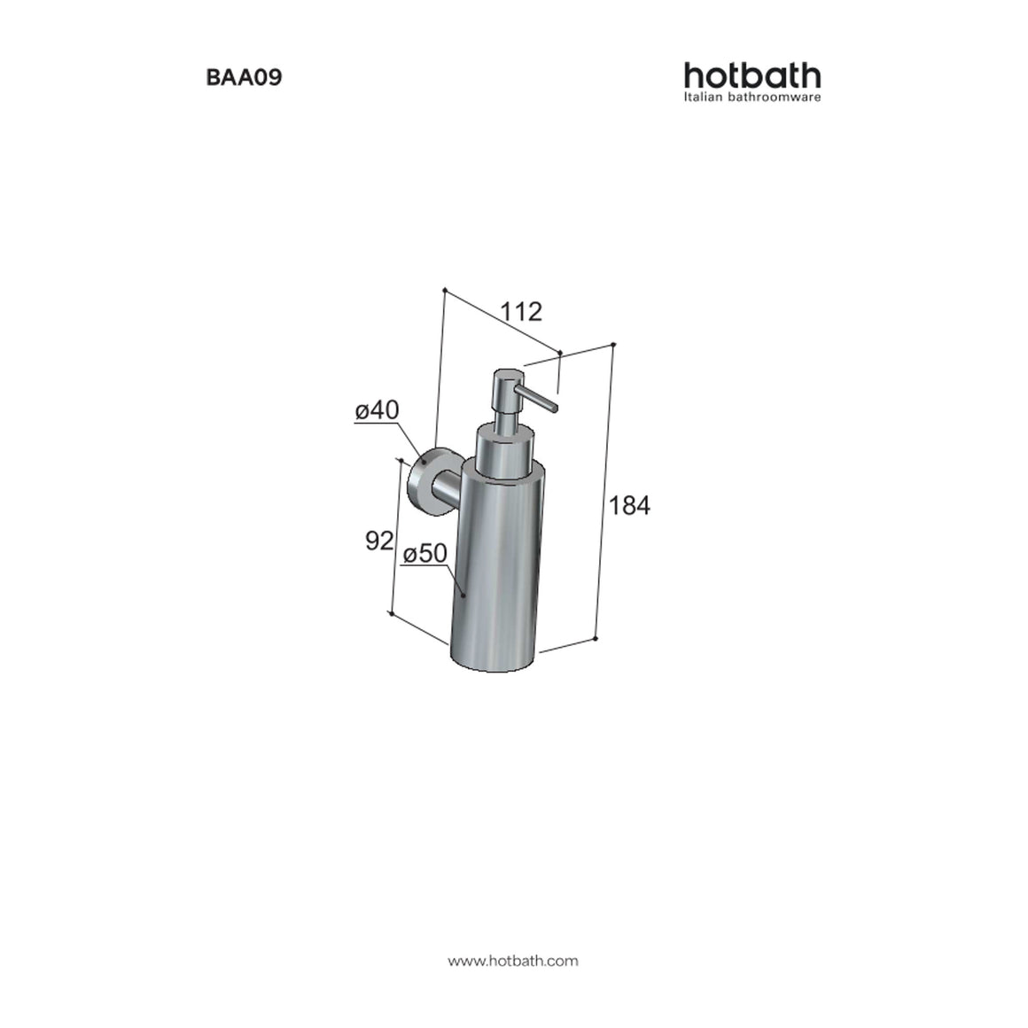 Hotbath &More BAA09 zeepdispenser wandmodel Living Colours technische tekening