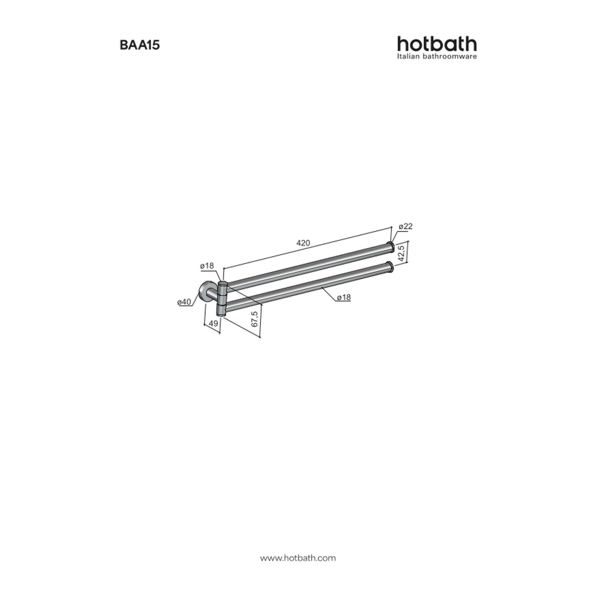 Hotbath &More BAA15 draaibare handdoekhouder Living Colours technische tekening
