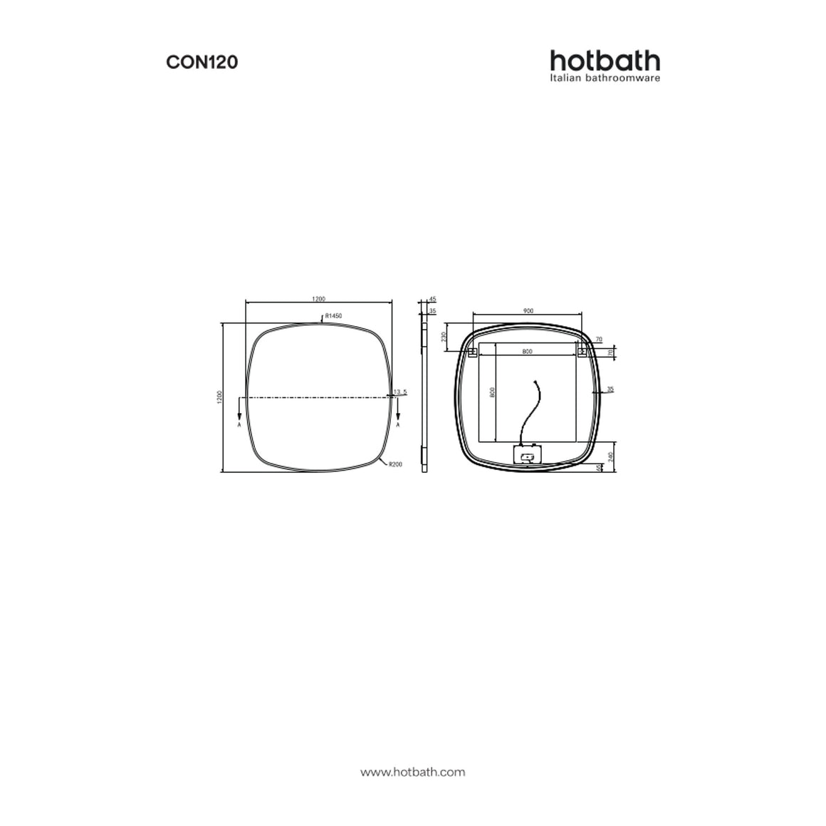Hotbath &More Contour spiegel met LED-verlichting en spiegelverwarming 120x120 cm technische tekening