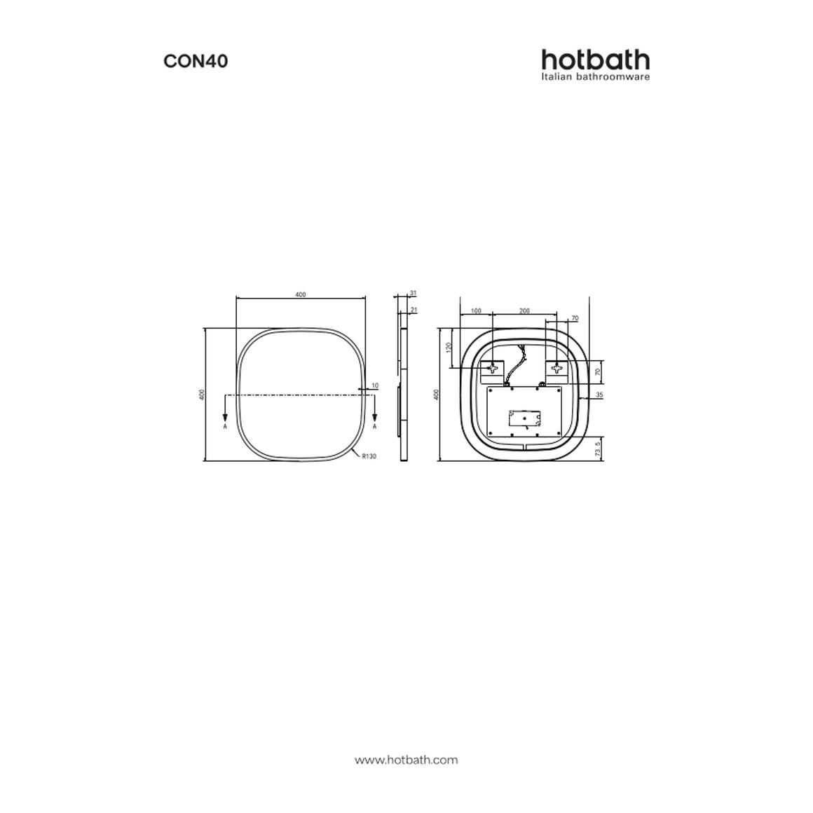 Hotbath &More Contour spiegel met LED-verlichting en spiegelverwarming 40x40 cm technische tekening