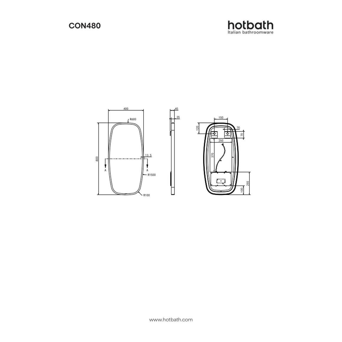 Hotbath &More Contour spiegel met LED-verlichting en spiegelverwarming 40x80 cm technische tekening