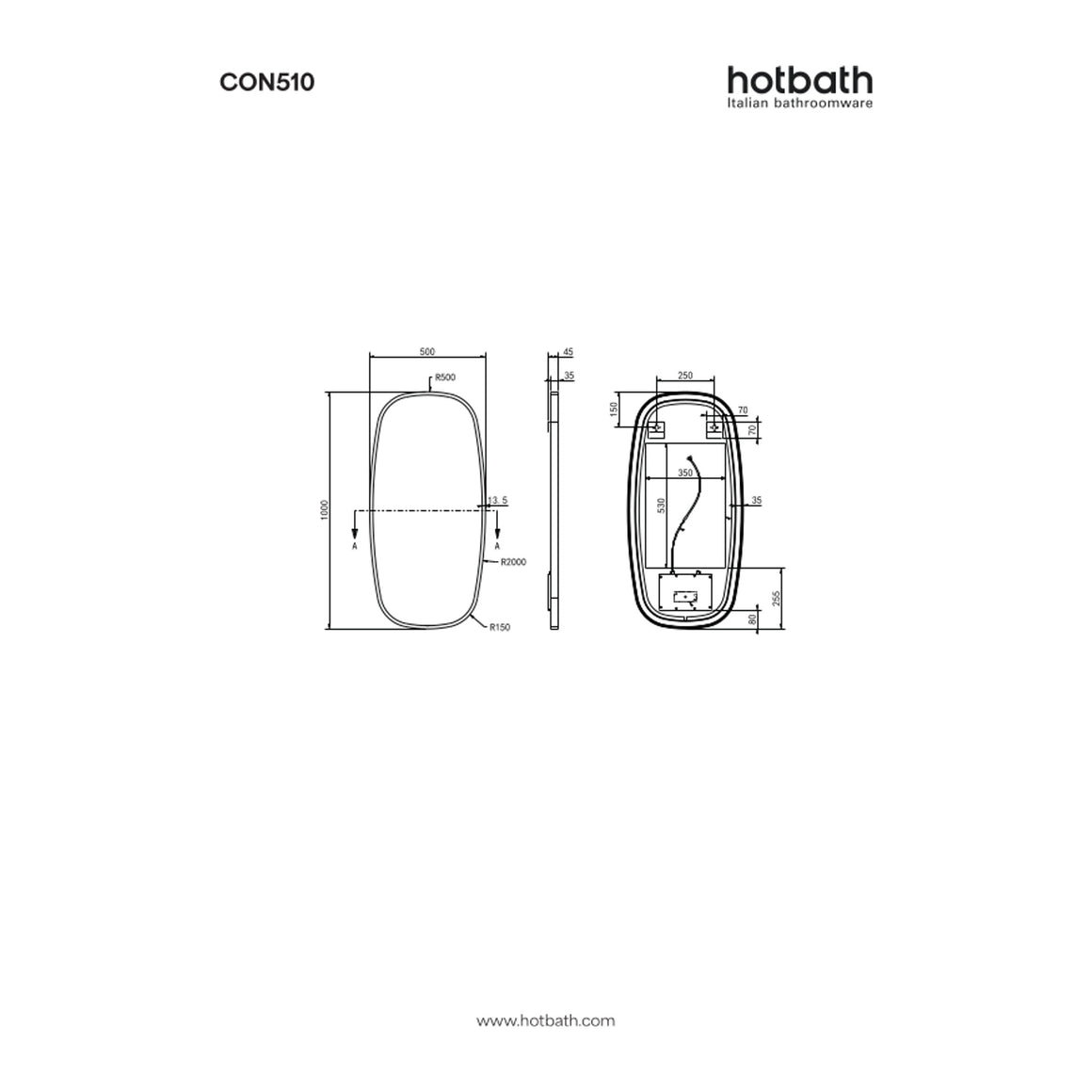 Hotbath &More Contour spiegel met LED-verlichting en spiegelverwarming 50x100 cm technische tekening