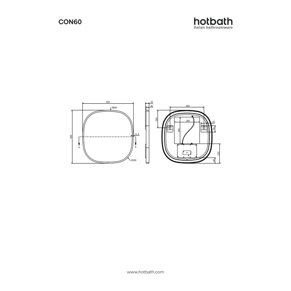 Hotbath &More Contour spiegel met LED-verlichting en spiegelverwarming 60x60 cm technische tekening
