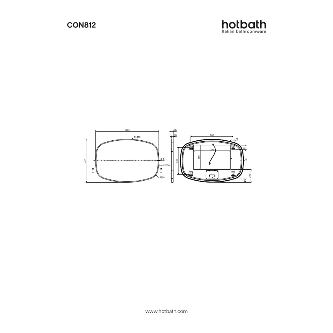 Hotbath &More Contour spiegel met LED-verlichting en spiegelverwarming 80x120 cm technische tekening