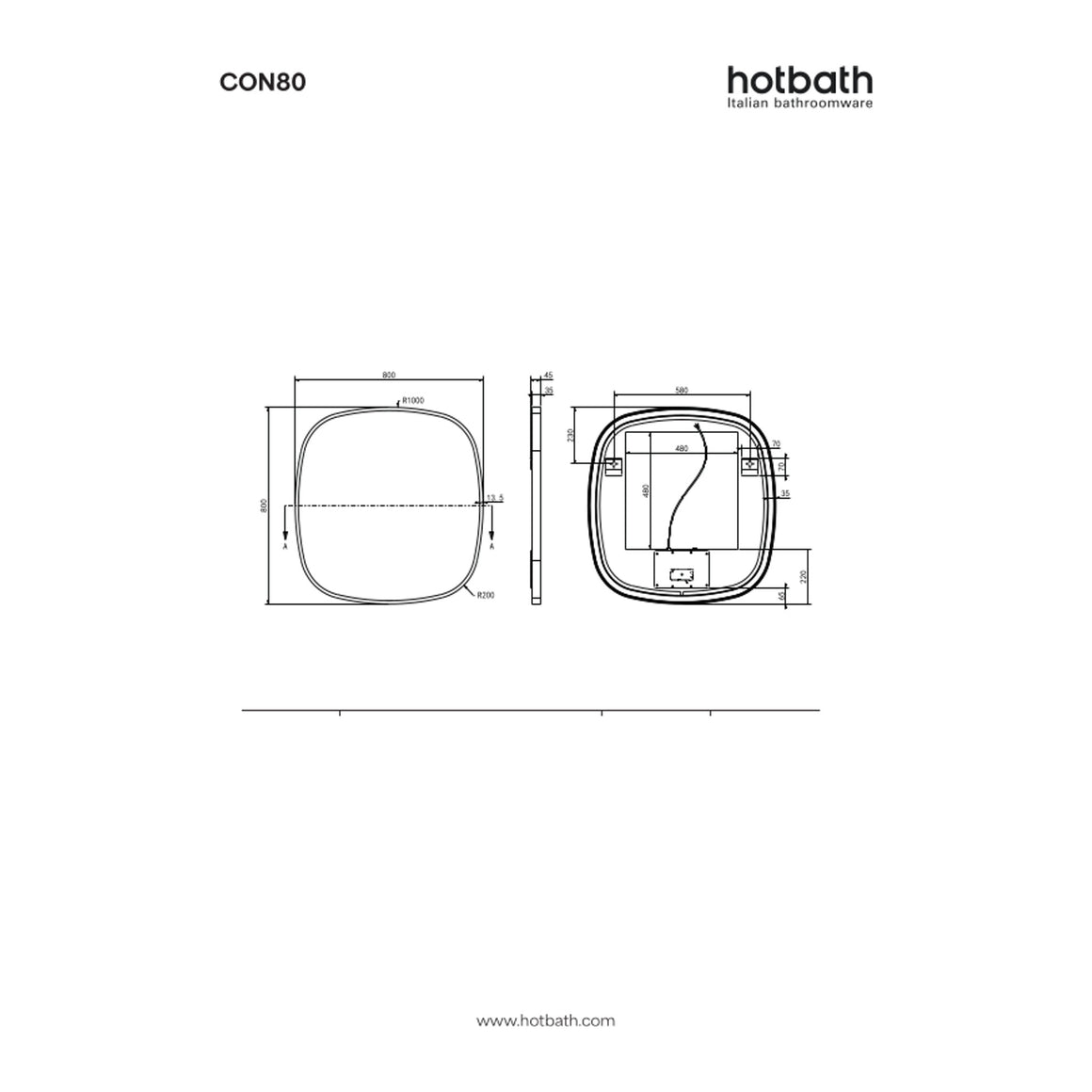 Hotbath &More Contour spiegel met LED-verlichting en spiegelverwarming 80x80 cm technische tekening
