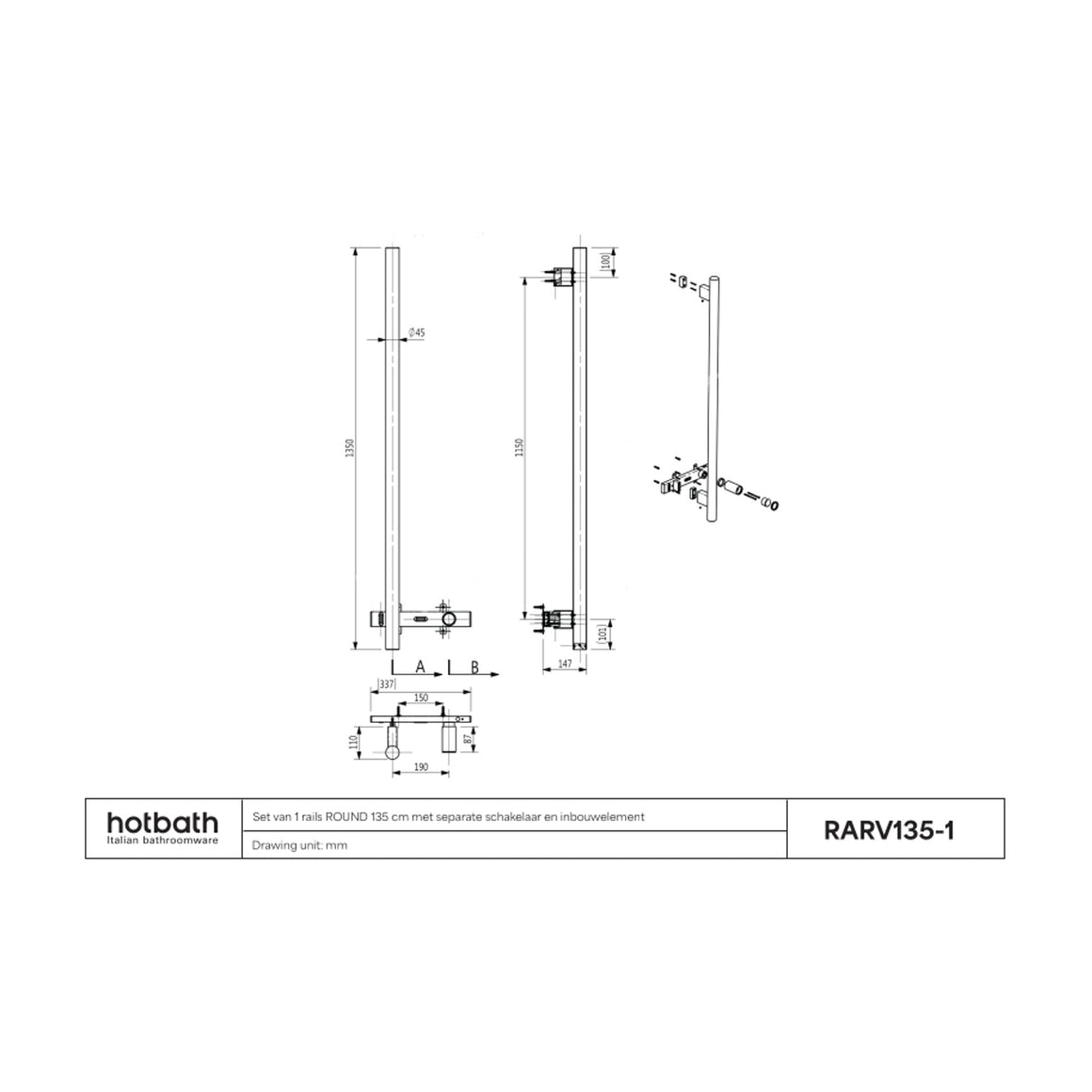 Hotbath &More elektrische handdoekwarmer Round verticaal 135 cm 1 rail technische tekening