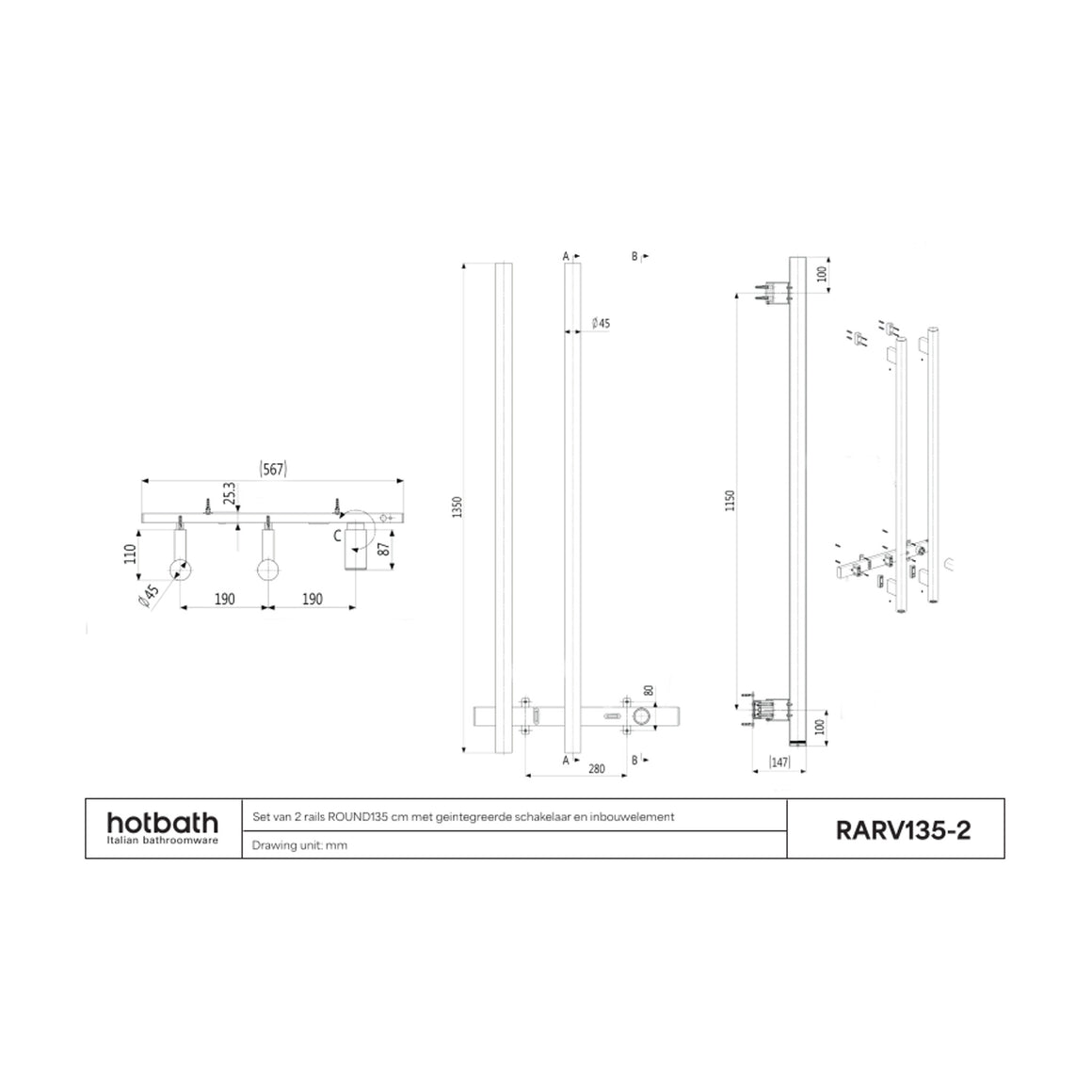 Hotbath &More elektrische handdoekwarmer Round verticaal 135 cm 2 rails technische tekening
