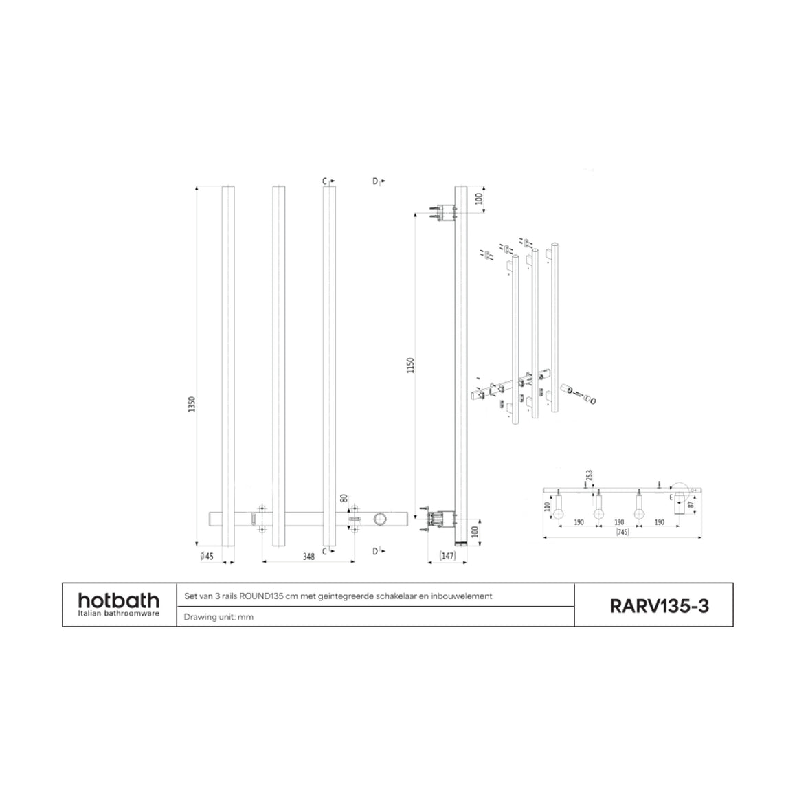 Hotbath &More elektrische handdoekwarmer Round verticaal 135 cm 3 rails technische tekening