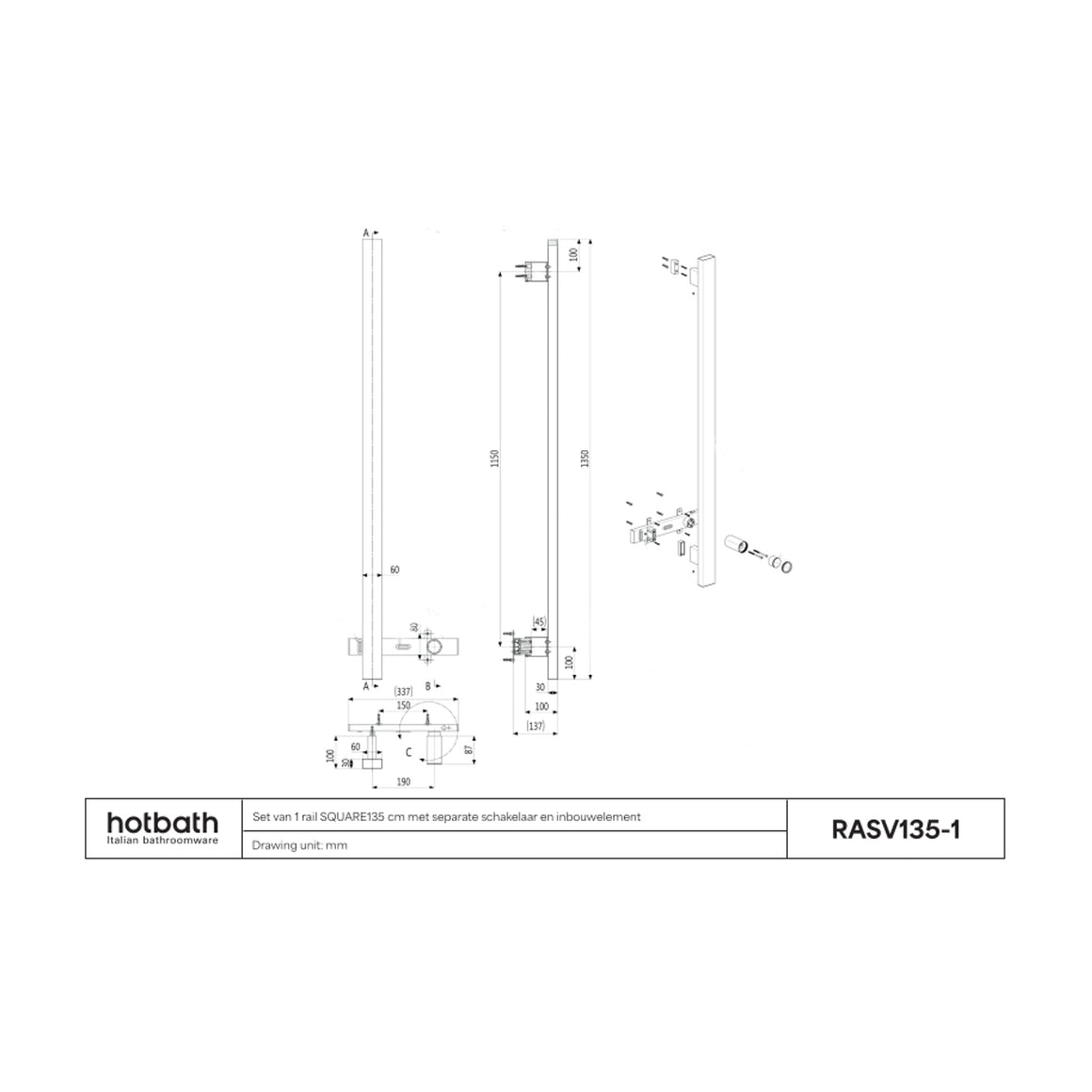 Hotbath &More elektrische handdoekwarmer Square verticaal 135 cm 1 rail technische tekening