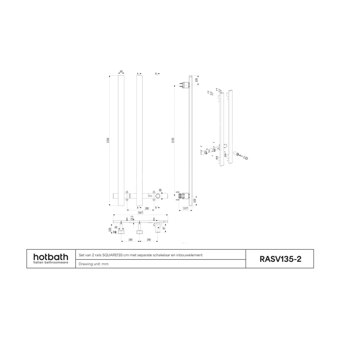 Hotbath &More elektrische handdoekwarmer Square verticaal 135 cm 2 rails technische tekening