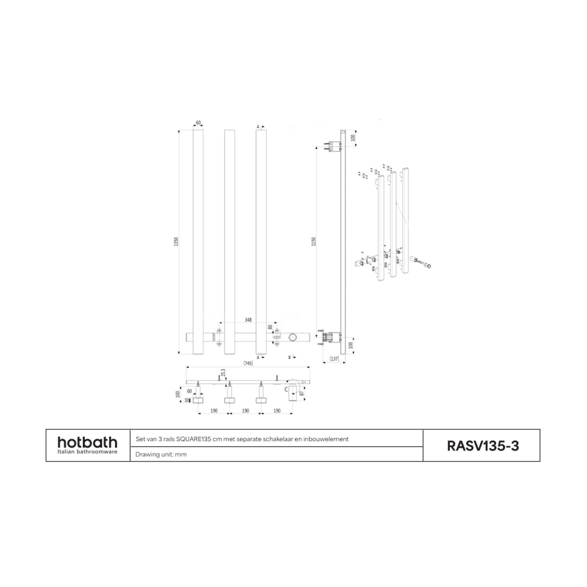 Hotbath &More elektrische handdoekwarmer Square verticaal 135 cm 3 rails technische tekening