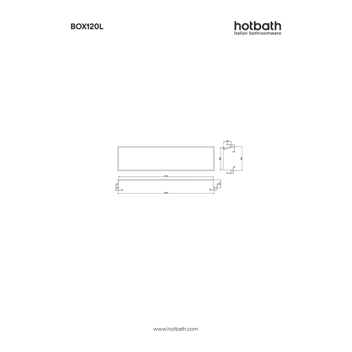 Hotbath &More inbouwnis 10 cm diep 30x120x10 cm Met rand en LED technische tekening