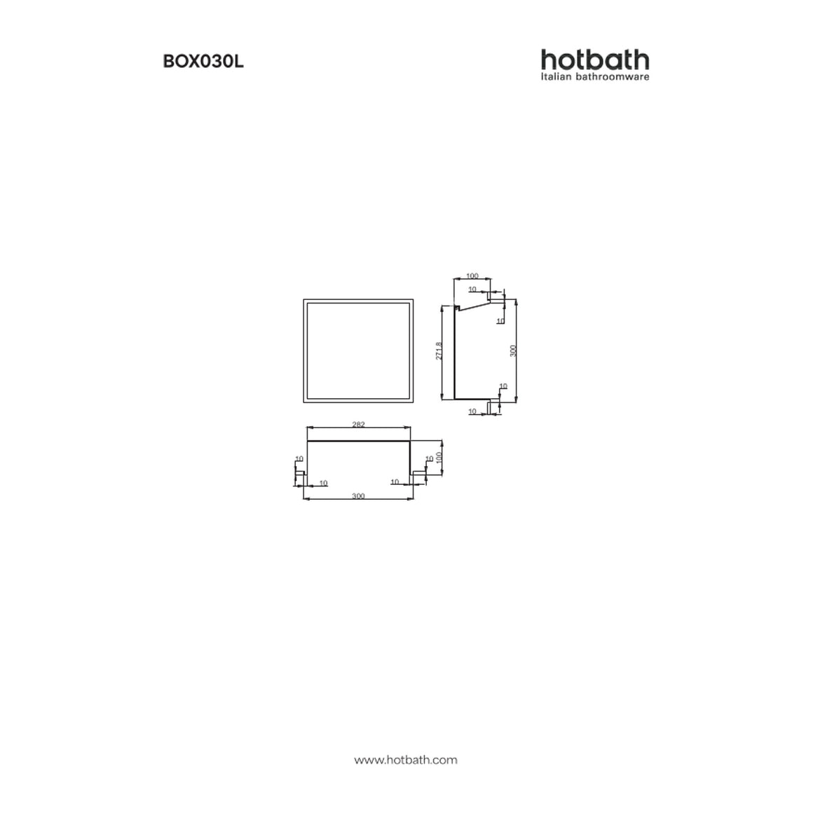 Hotbath &More inbouwnis 10 cm diep 30x30x10 cm Met rand en LED technische tekening