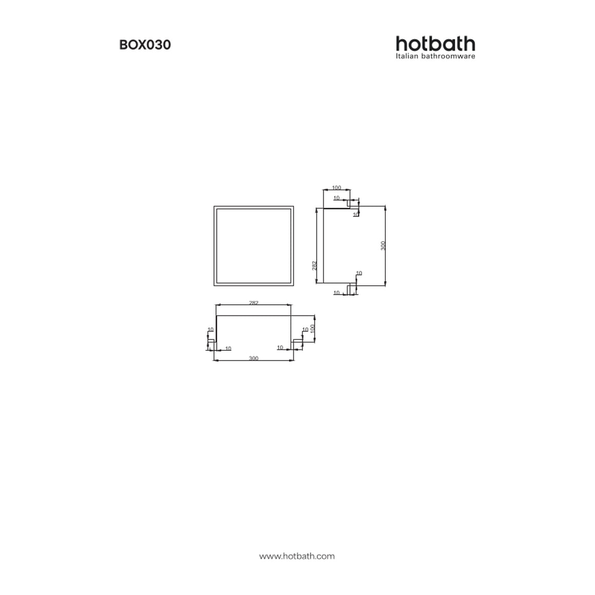 Hotbath &More inbouwnis 10 cm diep 30x30x10 cm Met rand technische tekening