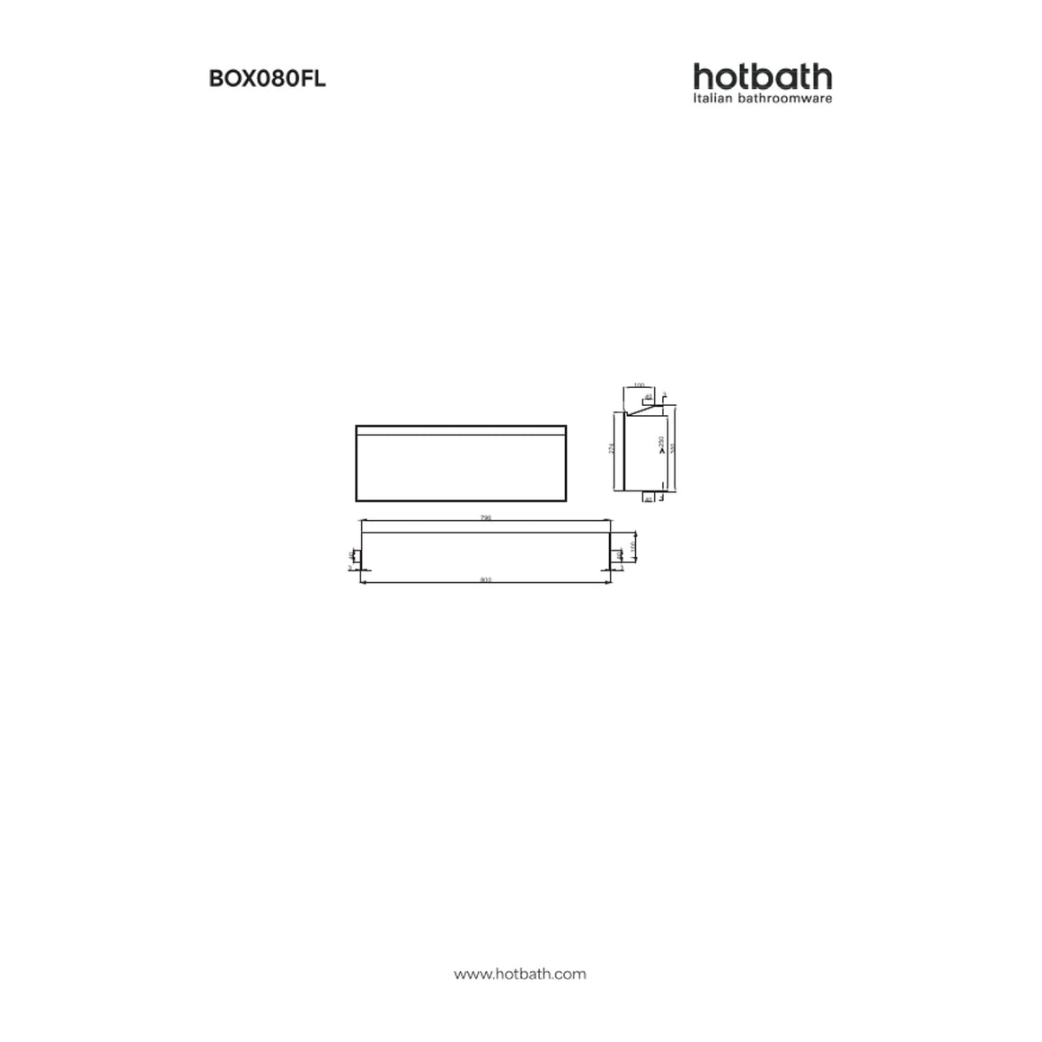 Hotbath &More inbouwnis 10 cm diep 30x80x10 cm Frameless met LED technische tekening