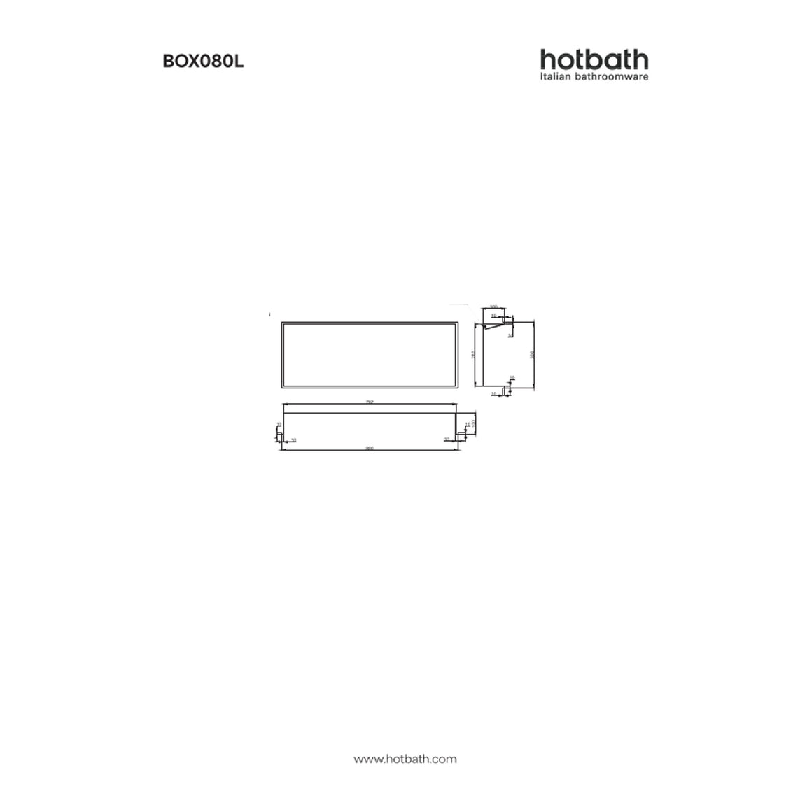 Hotbath &More inbouwnis 10 cm diep 30x80x10 cm Met rand en LED technische tekening