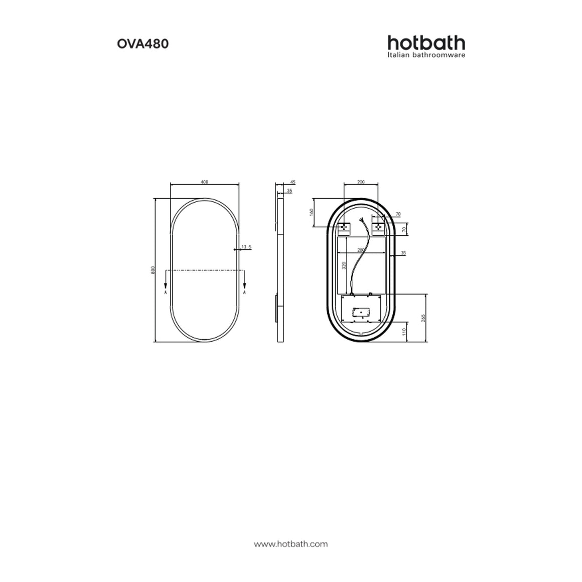 Hotbath &More Oval spiegel met LED-verlichting en spiegelverwarming 40x80 cm technische tekening