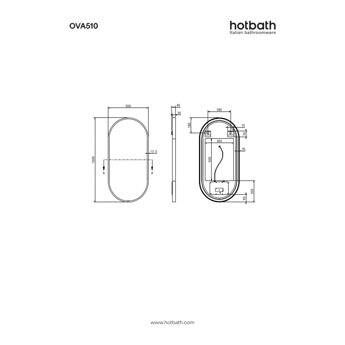 Hotbath &More Oval spiegel met LED-verlichting en spiegelverwarming 50x100 cm technische tekening