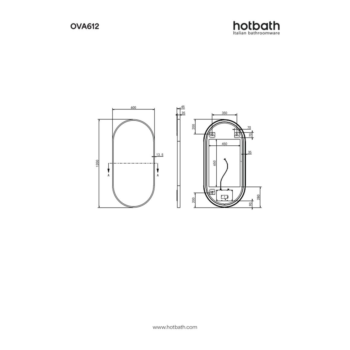 Hotbath &More Oval spiegel met LED-verlichting en spiegelverwarming 60x120 cm technische tekening