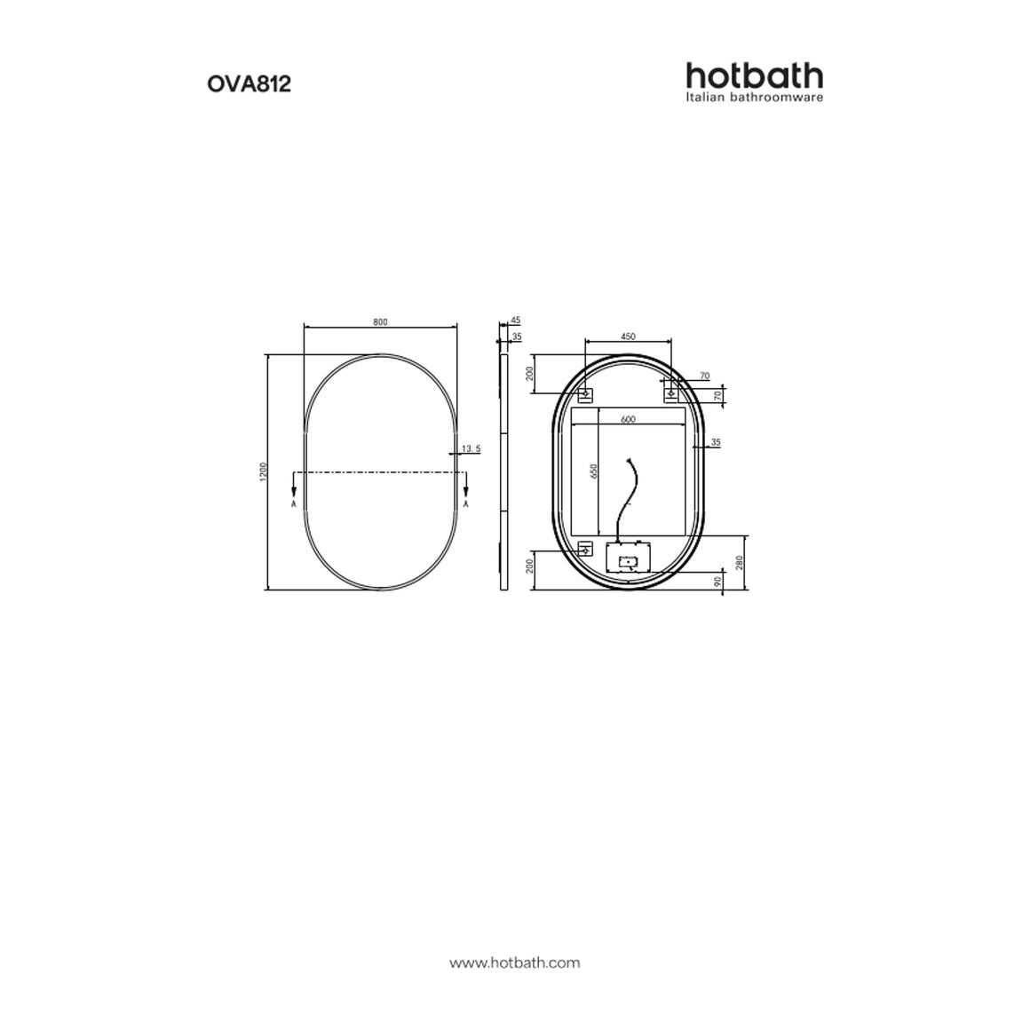 Hotbath &More Oval spiegel met LED-verlichting en spiegelverwarming 80x120 cm technische tekening