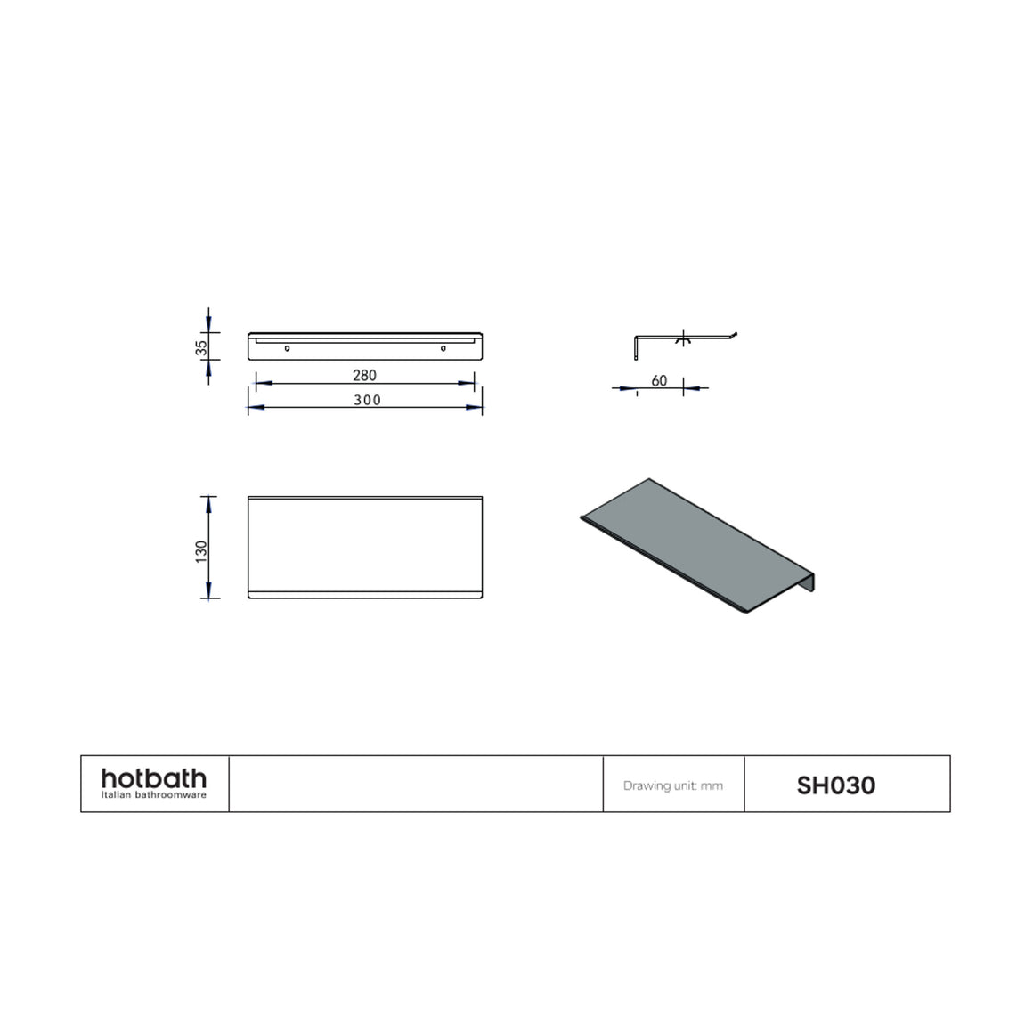 Hotbath &More planchet met bevestigingsrail 30 cm Zonder uitsparing technische tekening