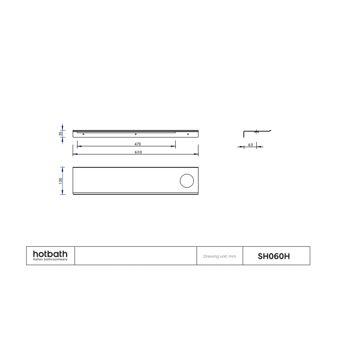 Hotbath &More planchet met bevestigingsrail 60 cm Met 1 uitsparing technische tekening