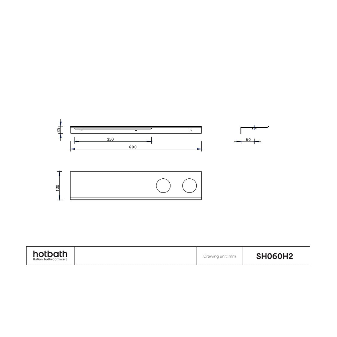 Hotbath &More planchet met bevestigingsrail 60 cm Met 2 uitsparingen technische tekening