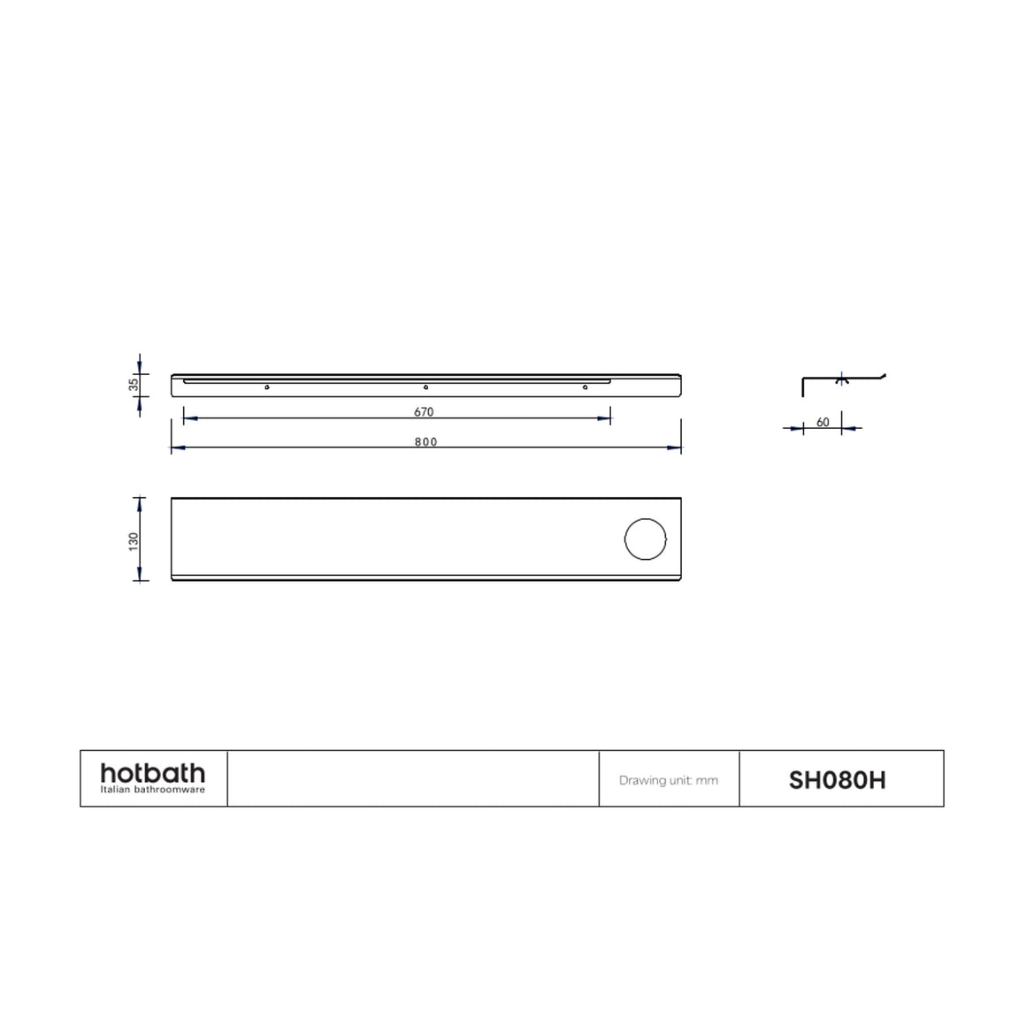 Hotbath &More planchet met bevestigingsrail 80 cm Met 1 uitsparing technische tekening