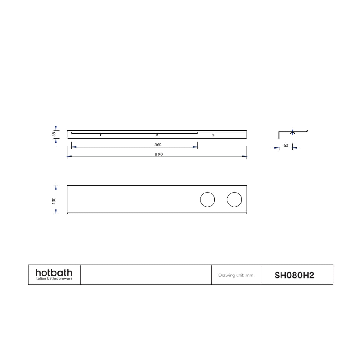 Hotbath &More planchet met bevestigingsrail 80 cm Met 2 uitsparingen technische tekening