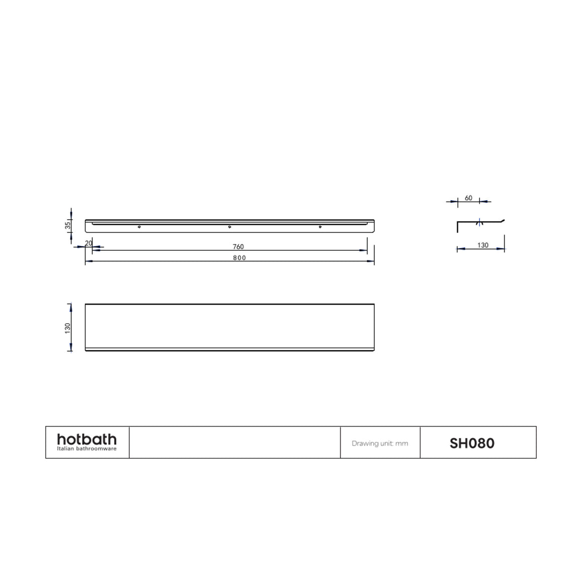 Hotbath &More planchet met bevestigingsrail 80 cm Zonder uitsparing technische tekening
