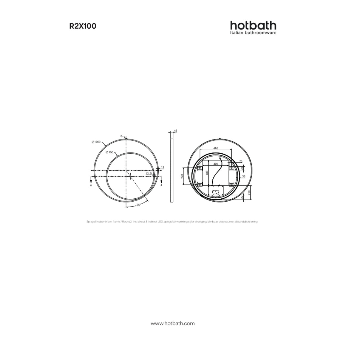 Hotbath &More Round 2 spiegel met LED-verlichting en spiegelverwarming 100x100 cm technische tekening