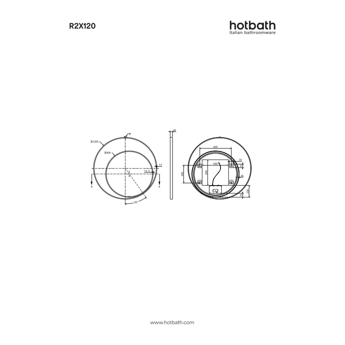 Hotbath &More Round 2 spiegel met LED-verlichting en spiegelverwarming 120x120 cm technische tekening