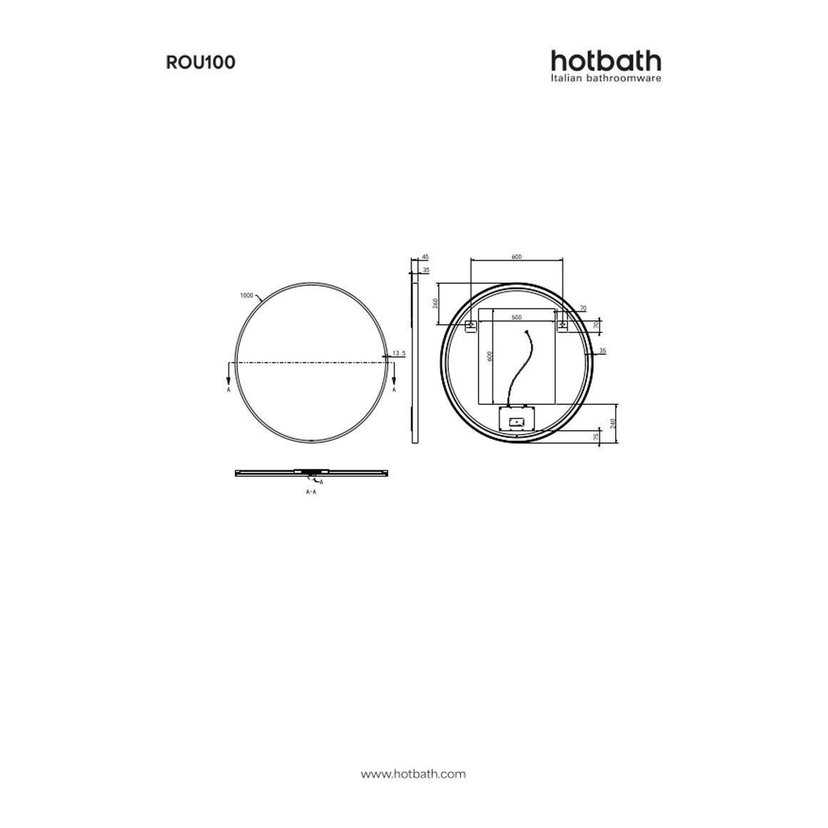 Hotbath &More Round spiegel met LED-verlichting en spiegelverwarming Ø 100 cm technische tekening