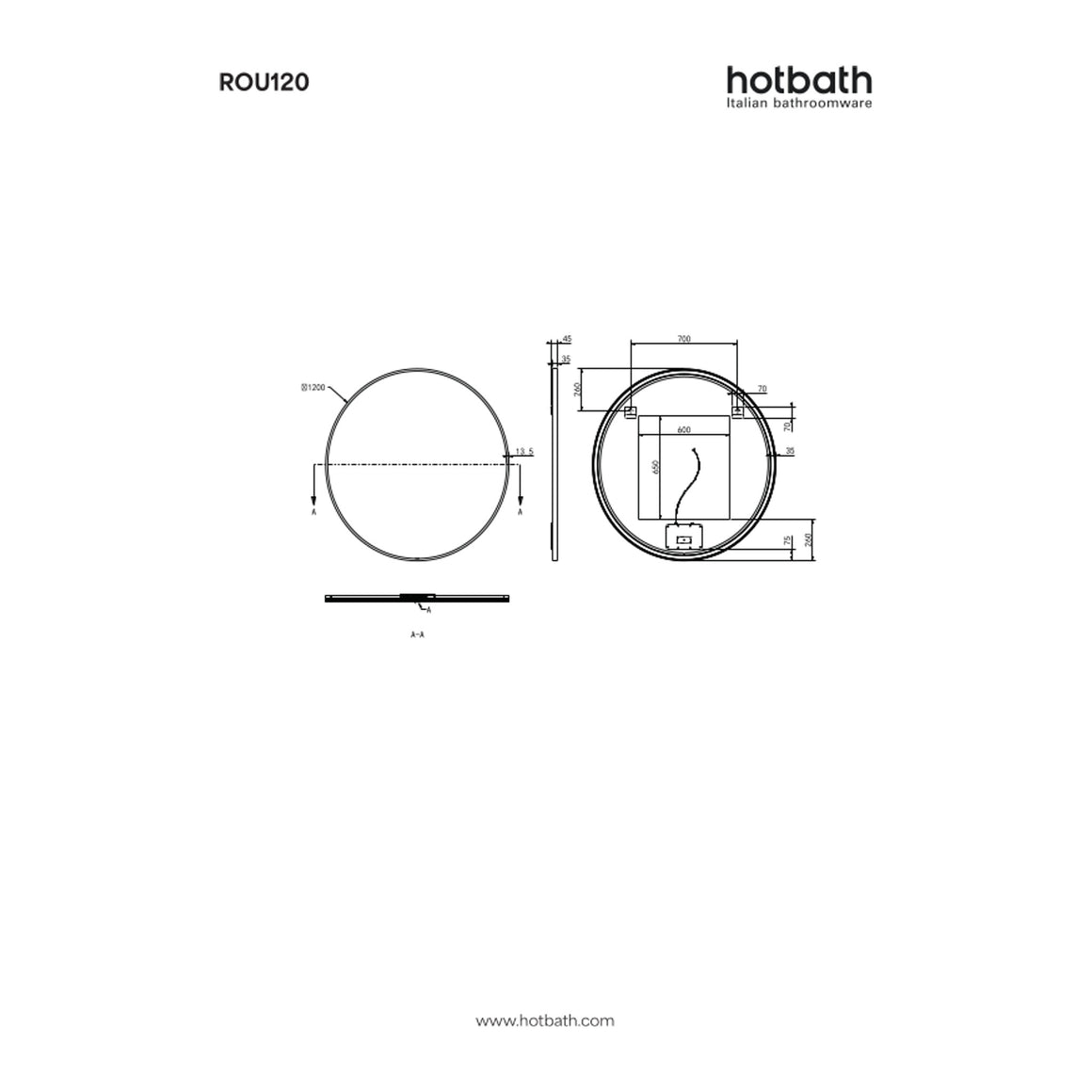 Hotbath &More Round spiegel met LED-verlichting en spiegelverwarming Ø 120 cm technische tekening