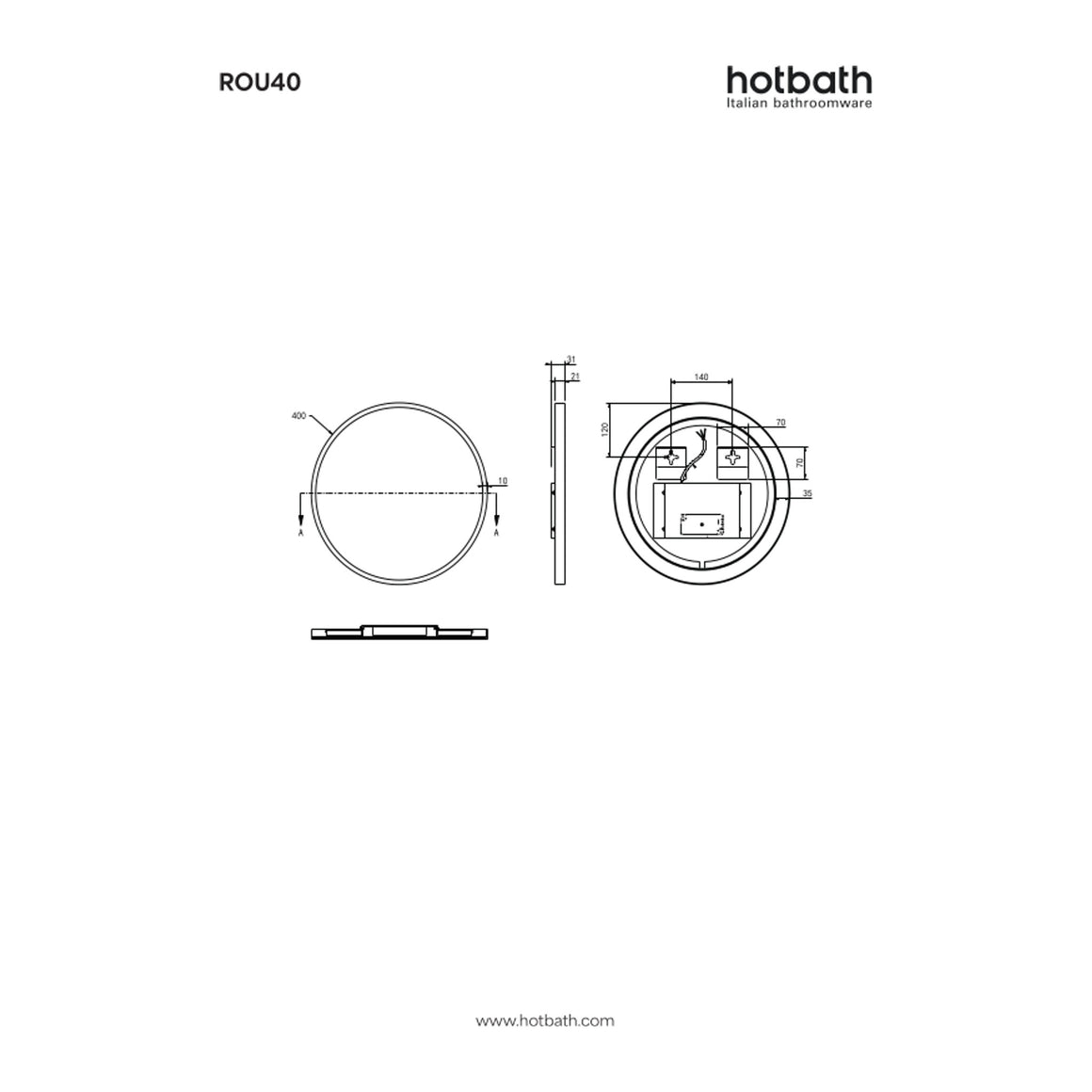Hotbath &More Round spiegel met LED-verlichting en spiegelverwarming Ø 40 cm technische tekening