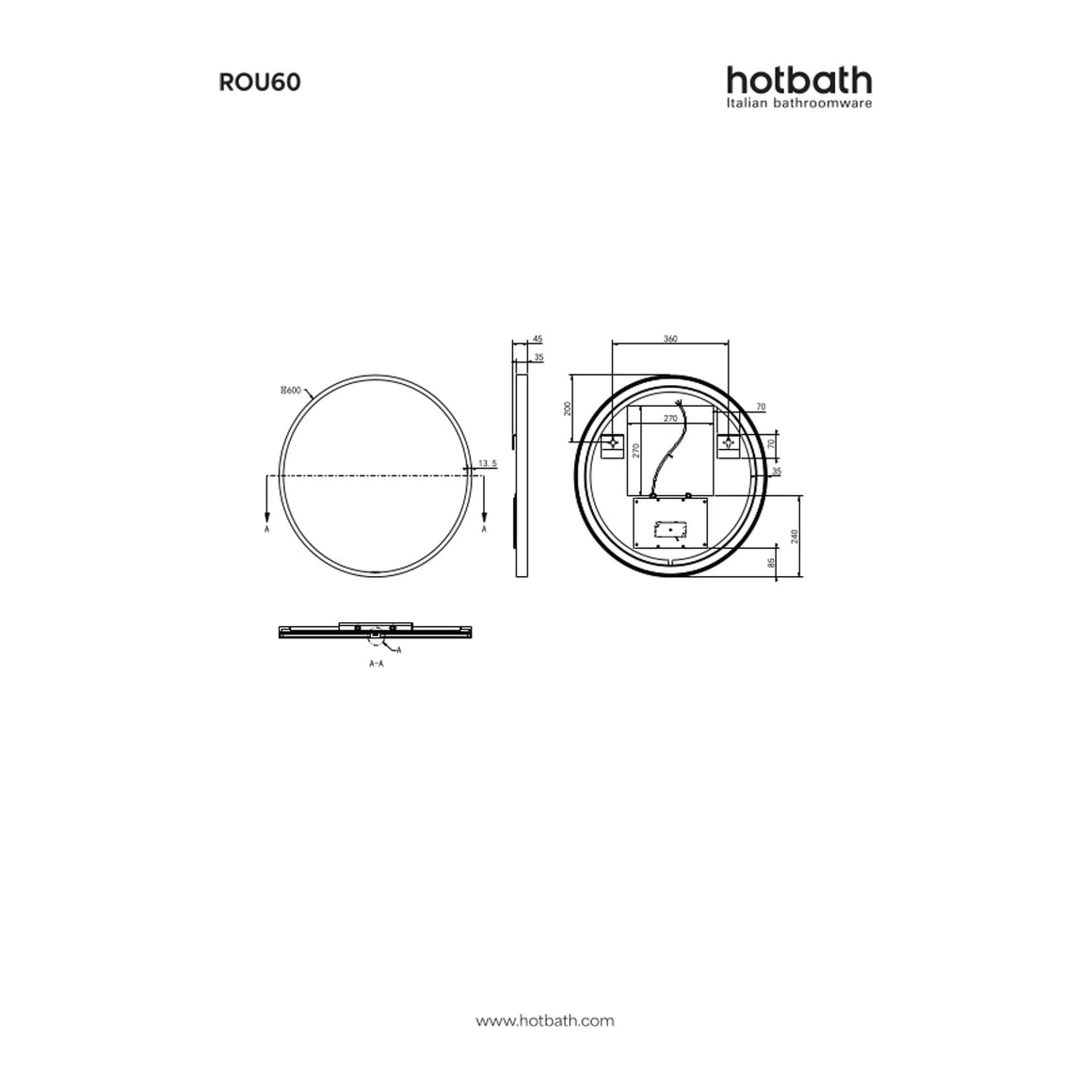 Hotbath &More Round spiegel met LED-verlichting en spiegelverwarming Ø 60 cm technische tekening