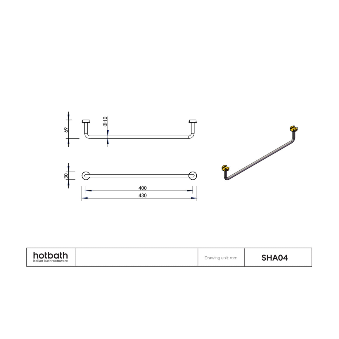 Hotbath &More SHA04 handdoekrek 40 cm voor planchet technische tekening