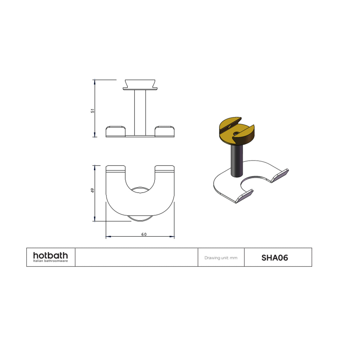 Hotbath &More SHA06 haak voor wisser voor planchet technische tekening