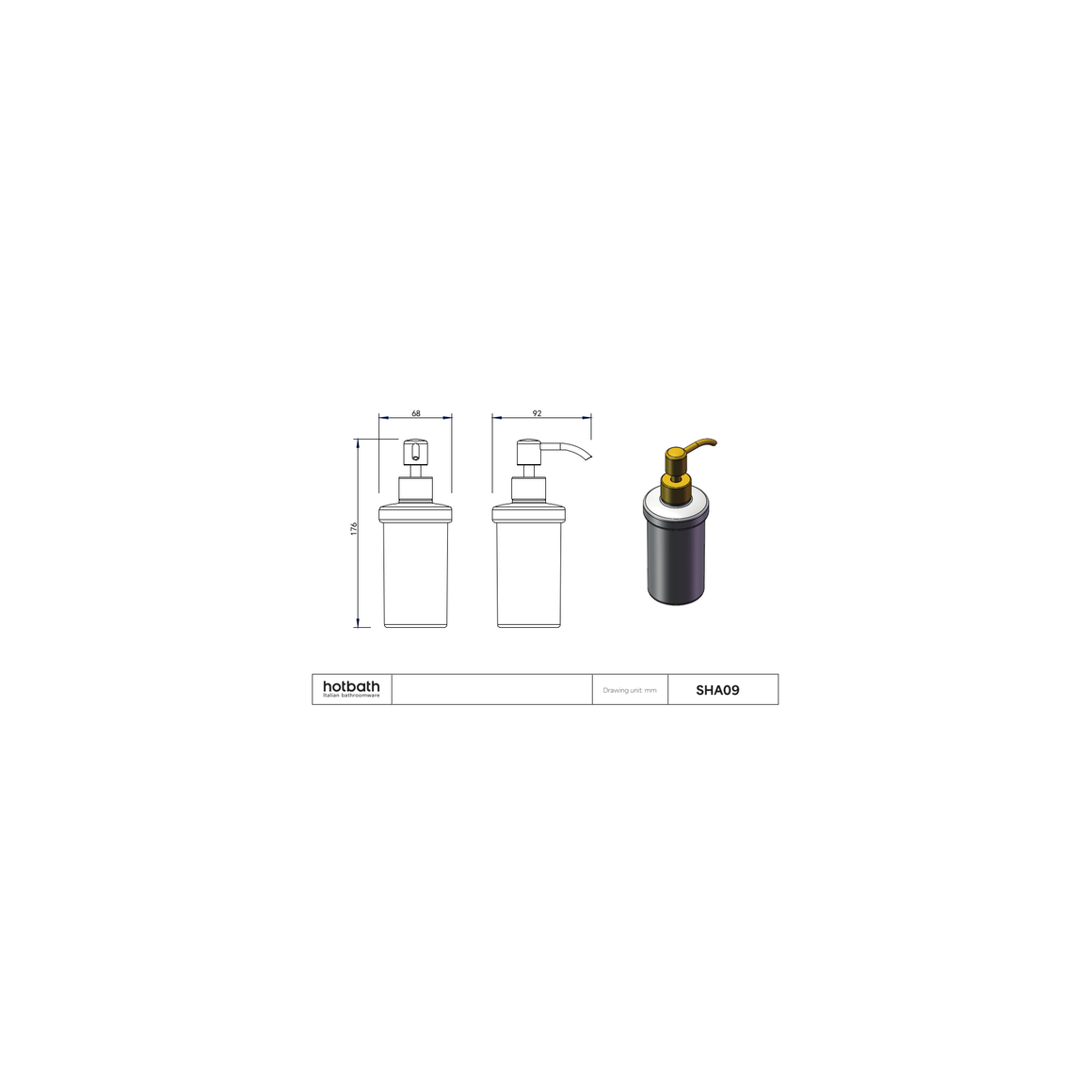 Hotbath &More SHA09 zeepdispenser glas voor planchet technische tekening