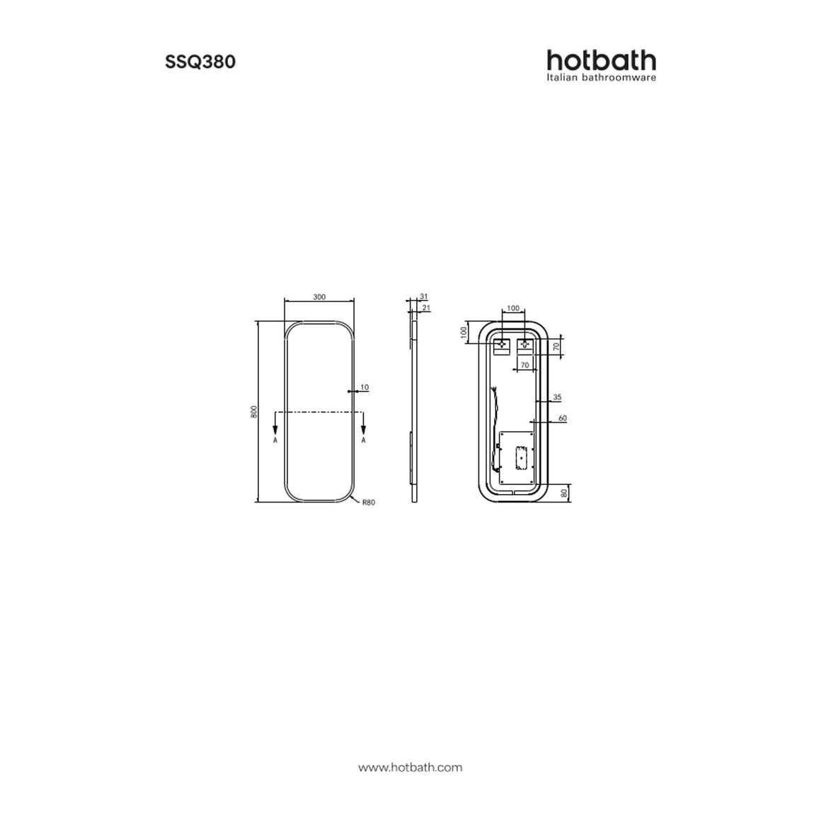 Hotbath &More Soft Square spiegel met LED-verlichting en spiegelverwarming 30x80 cm technische tekening