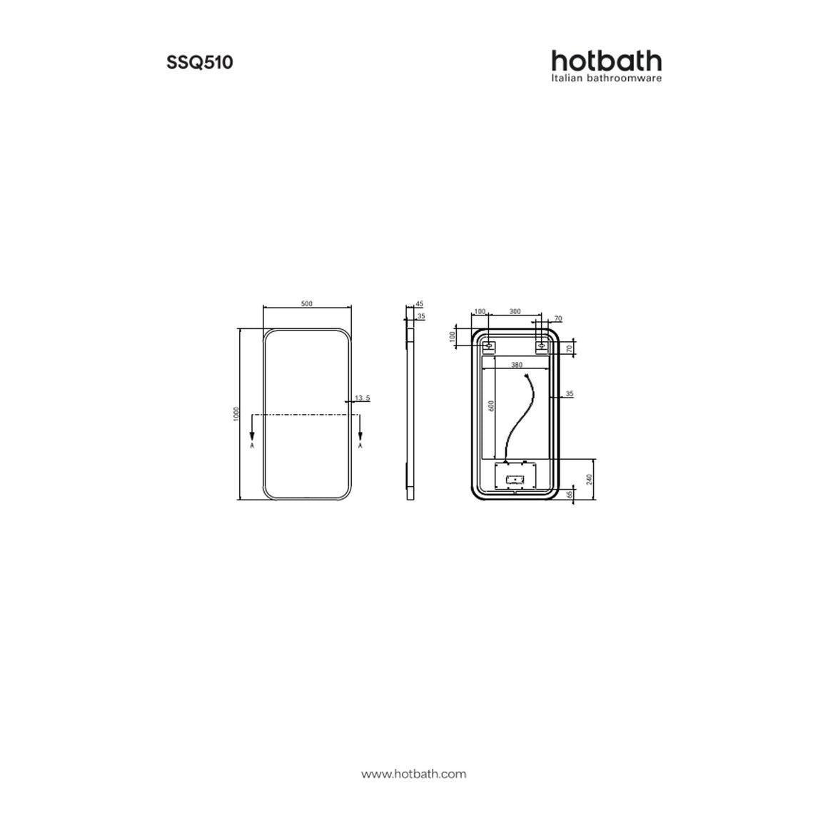 Hotbath &More Soft Square spiegel met LED-verlichting en spiegelverwarming 50x100 cm technische tekening
