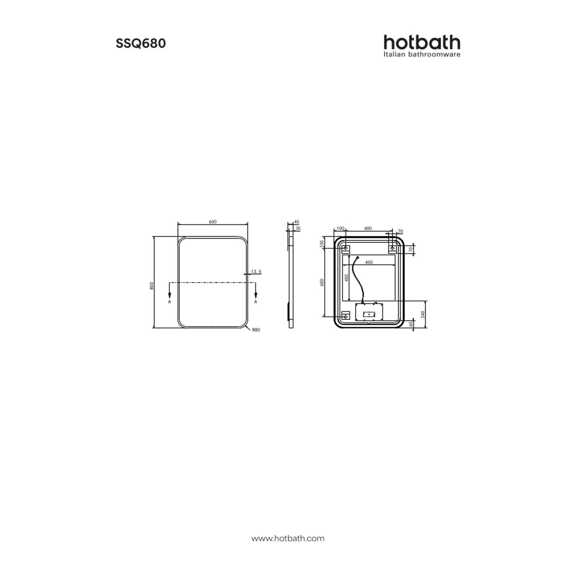 Hotbath &More Soft Square spiegel met LED-verlichting en spiegelverwarming 60x80 cm technische tekening