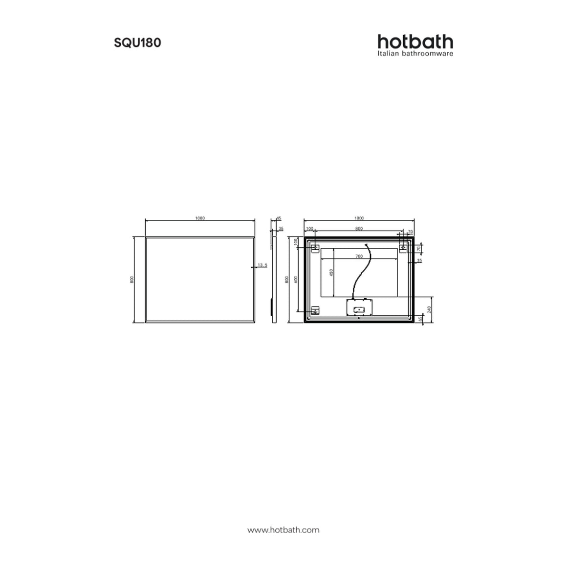 Hotbath &More Square spiegel met LED-verlichting en spiegelverwarming 100x80 cm technische tekening