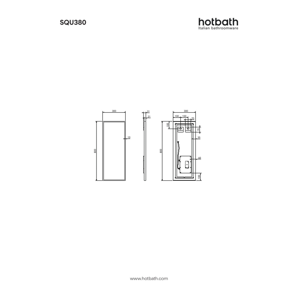 Hotbath &More Square spiegel met LED-verlichting en spiegelverwarming 30x80 cm technische tekening