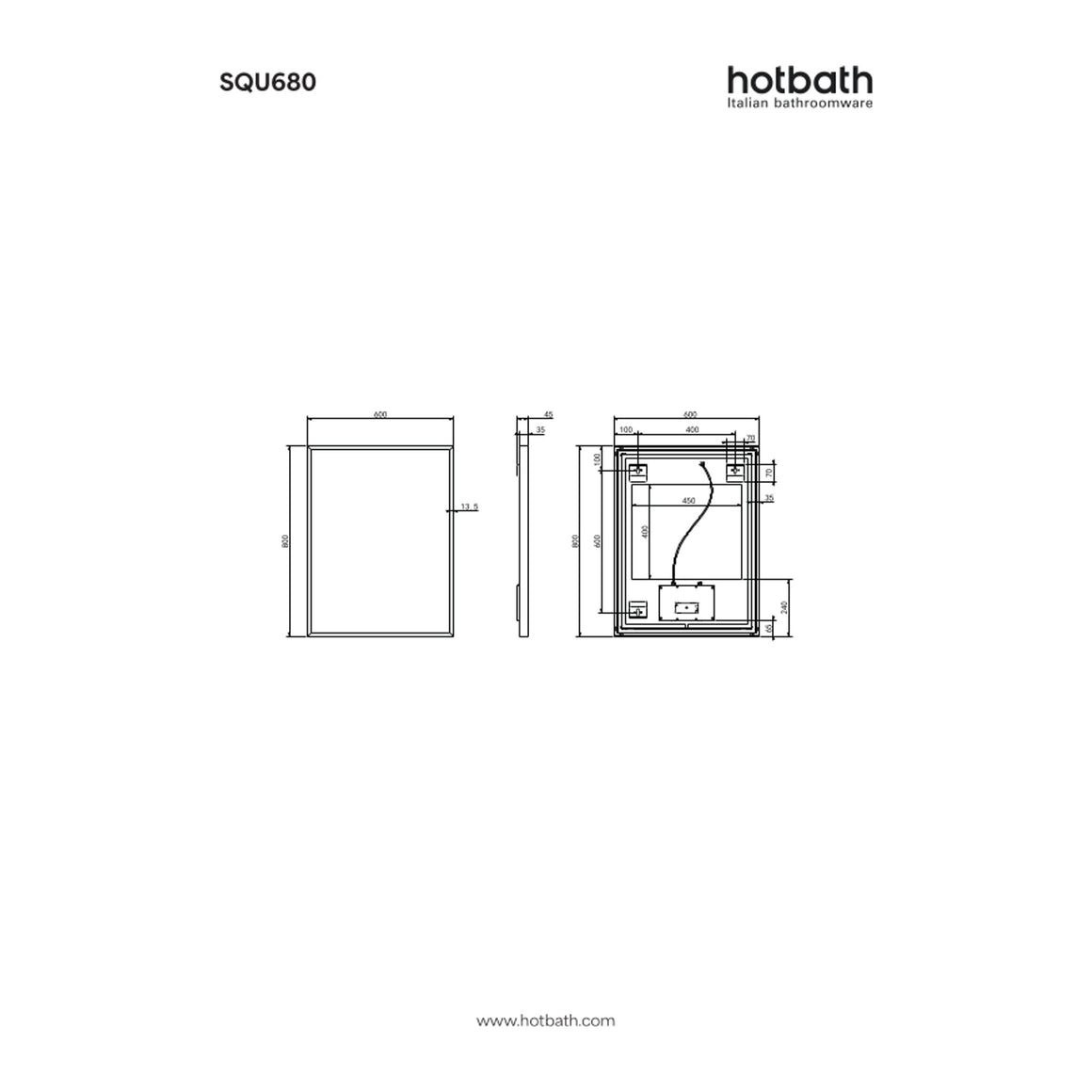 Hotbath &More Square spiegel met LED-verlichting en spiegelverwarming 60x80 cm technische tekening
