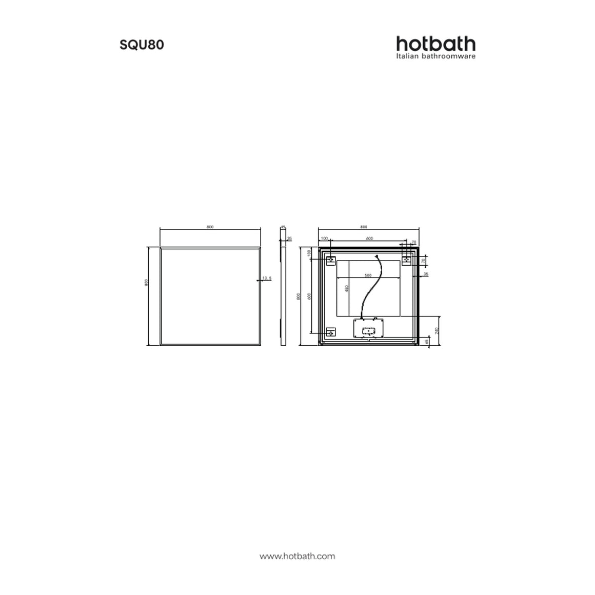 Hotbath &More Square spiegel met LED-verlichting en spiegelverwarming 80x80 cm technische tekening