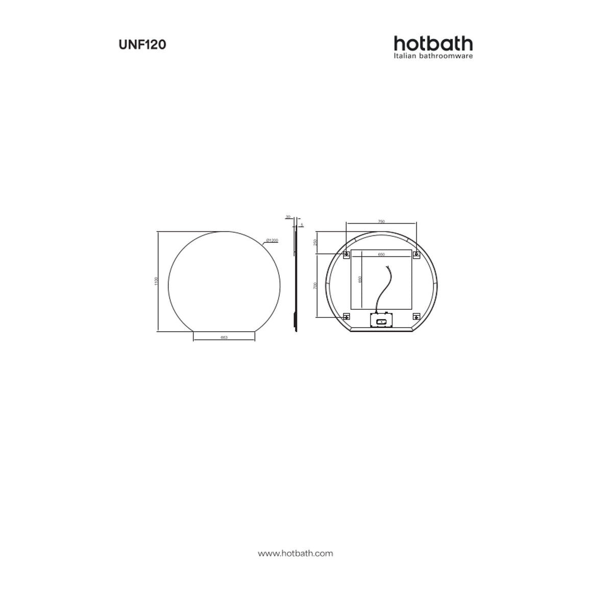 Hotbath &More Sunset spiegel zonder lijst met LED-verlichting en spiegelverwarming 120x110 cm technische tekening