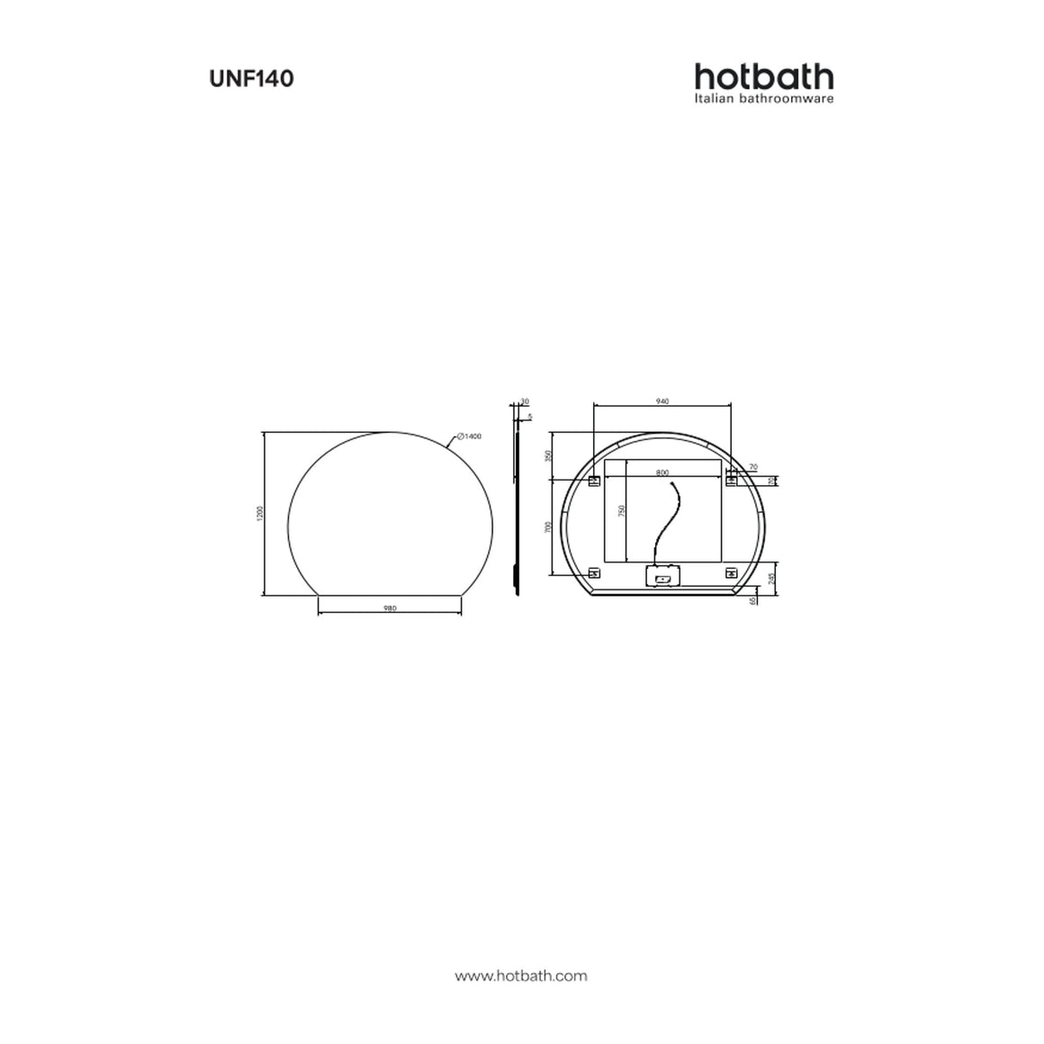 Hotbath &More Sunset spiegel zonder lijst met LED-verlichting en spiegelverwarming 140x120 cm technische tekening