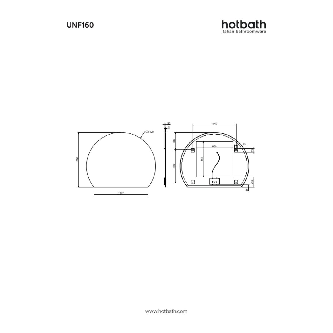 Hotbath &More Sunset spiegel zonder lijst met LED-verlichting en spiegelverwarming 160x130 cm technische tekening